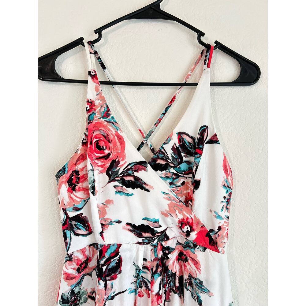 Franchesca's Miami Floral Spaghetti Cross Back Romper Train Maxi Dress SZ Small - Picture 3 of 14